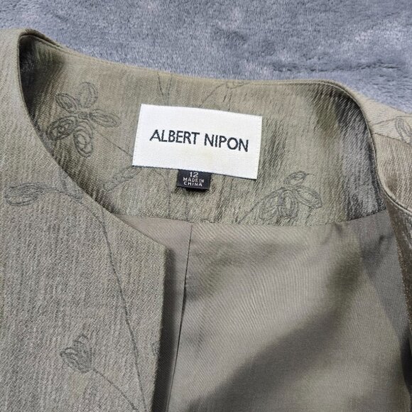 Albert Nipon Skirt Suit Set Womens 12 Sage Green Floral Blazer Textured Career - Picture 3 of 16